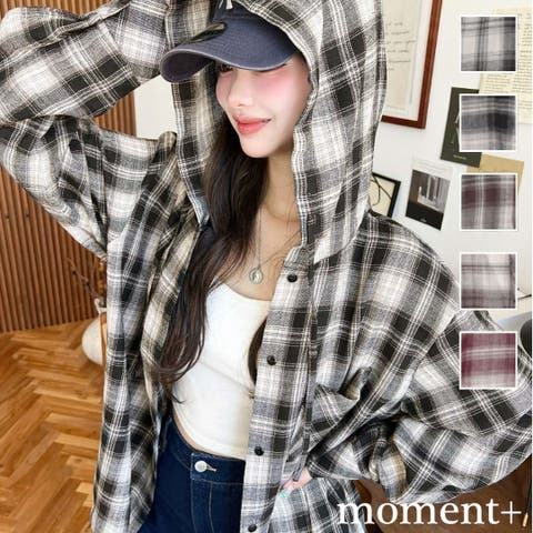 moment+(モーメントプラス) | フード付き長袖チェックシャツ