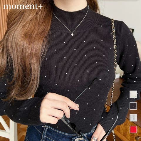 moment+(モーメントプラス) | ラインストーンハイネックリブニットプルオーバー