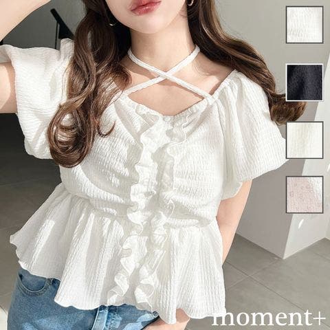 moment+（モーメントプラス） | クロスネックフロントフリルペプラム半袖トップス