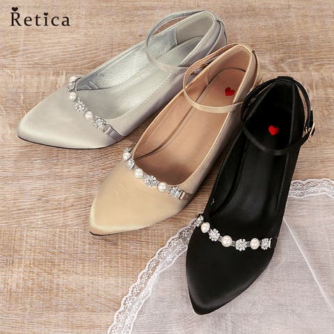 Retica（レティカ） | パーティーシューズ 結婚式 二次会 卒業式 入学式 謝恩会 パンプス 靴 大きいサイズ ヒール 歩きやすい 痛くない サテン ストラップ パール ビジュ ストーン  22～25.5cm S M L パーティー カジュアル きれいめ Retica レティカ