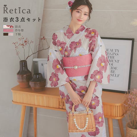 Retica（レティカ） | ニュアンスベージュ×大輪椿柄浴衣3点セット レディース浴衣 ガーリー浴衣 レトロ浴衣 sweet浴衣 作り帯 下駄 ベージュ Retica レティカ