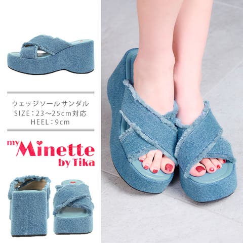my minette（マイミネット） | myMinette フリンジデニム厚底クロスサンダル 厚底サンダル ミュール レディース水着 スイムウェア小物 水着小物 ビーチサンダル デニムサンダル 23-25cmサイズ ブルー 聖菜
