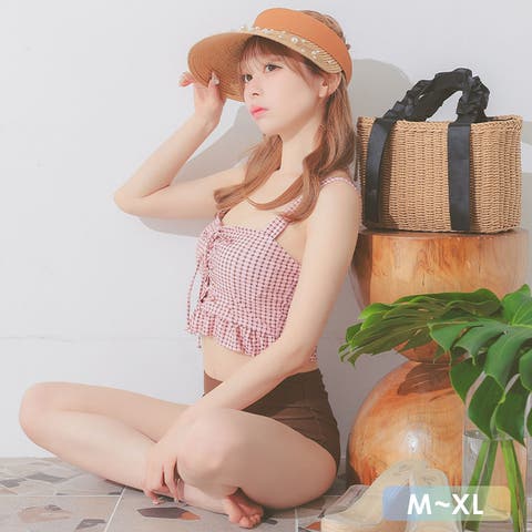 my minette（マイミネット） | レースアップフリルビスチェ×ハイウエストビキニ タンキニ ガーリースイムウェア 体型カバー水着 露出少なめ M-XLサイズ 大きいサイズ ピンク×ブラウン 若林萌々 myMinette マイミネット