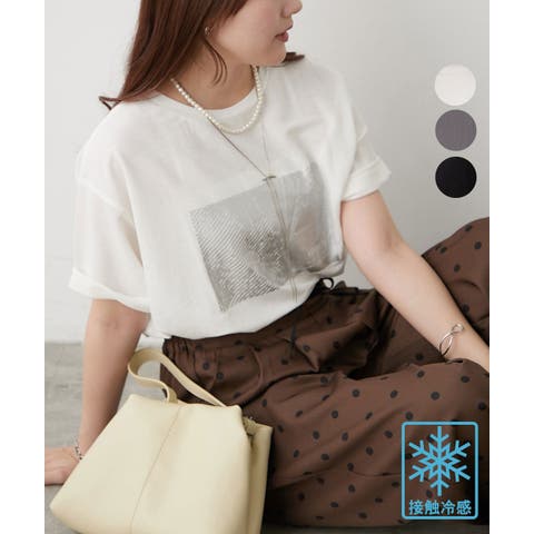 RMAF　NICE CLAUP / OLIVE des OLIVE（リマインドミーアンドフォーエ） | 【接触冷感】ｶﾉｺ箔かすれﾌﾟﾘﾝﾄTｼｬﾂ