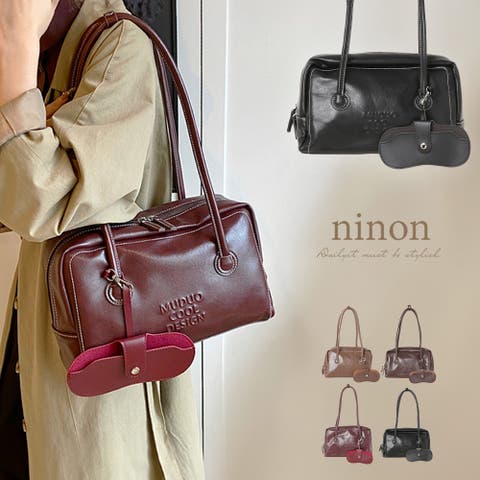 ninon（ニノン） | ボストンバッグ レディース 旅行 小さめ 旅行バッグ ハンドバッグ 黒 ミニ カジュアル 横長 きれいめ ミニハンドバッグ おしゃれ アイウェアケース付 ファスナー 付き バッグ 合皮 PUレザー エンボス ロゴ ボストン バック 大人 通勤 通学 通勤バッグ かわいい シンプル 大人