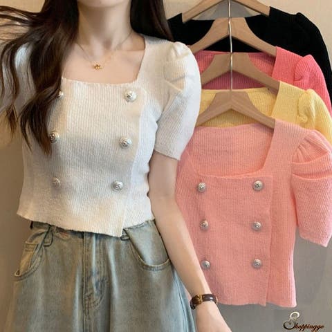 shoppinggo（ショッピングゴー） | ニット レディース 半袖 襟付きニット 夏ニット vネック 春夏 トップス  カットソー デイリー 襟付きリブtシャツ  韓国ファッション