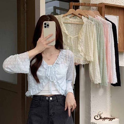 shoppinggo（ショッピングゴー） | サマーカーディガン 透かし編み Vネックカーディガン トップス 長袖 ショート丈 前開き 透け感 重ね着 ガーリー