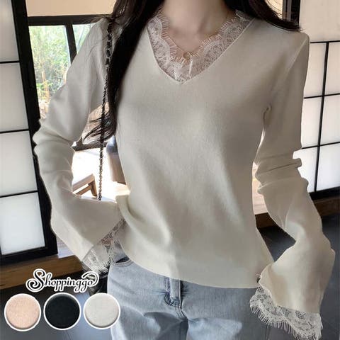 shoppinggo（ショッピングゴー） | ニットセーター レース切り替え ニットソーレディース ニットトップス セーター プルオーバー 薄手