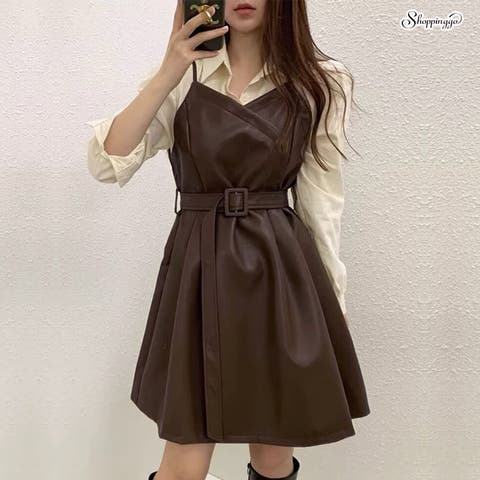 shoppinggo(ショッピングゴー) | フレアキャミワンピース ジャンパ―スカート フェイクレザーワンピース 合成皮革 合皮 低身長向け 着痩せ 重ね着 コーデ