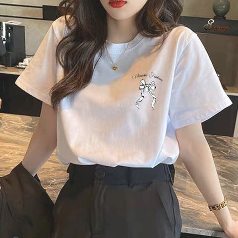 shoppinggo（ショッピングゴー） | リボンロゴTシャツ レディース 夏服 tシャツ 英字ロゴ ゆるT 半袖   柄プリントTシャツ ゆるシルエット 春 夏 クルーネック ブランド 綿100％ スポーツ