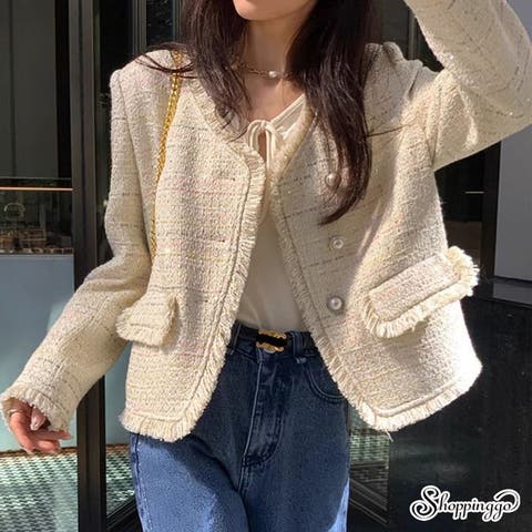 shoppinggo(ショッピングゴー) | ジャケット ツイード柄 ノーカラー カーディガン ジャケット レディース アウター コート 通勤 オフィス 着痩せ ショート丈 長袖 秋新作 秋冬 ツイードニット