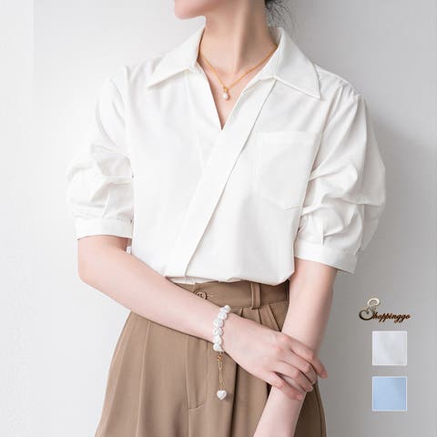 shoppinggo（ショッピングゴー） | Vネック シャツ ブラウス スキッパーブラウス オフィスカジュアル 半袖 ブラウス 可愛い 洗える　おしゃれ 韓国風 フォーマル