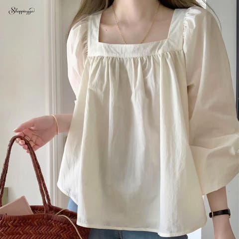 shoppinggo(ショッピングゴー) | 新作ブラウス シャツブラウス シャツ スクエアネック長袖 お尻が隠れる 薄手 無地  おしゃれ オフィス 韓国風 フォーマル 通勤OL