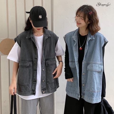 shoppinggo（ショッピングゴー） | ジレベスト デニムベスト ノースリーブ アウター カーディガン レディース トップス ジャケット デニム 新作  前開き 体型カバー カジュアルコーデトップス ン Gジャン ジージャン