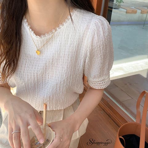 shoppinggo（ショッピングゴー） | ブラウストップス 白 薄手 透かし編み Tシャツ レディース 半袖トップス 半袖カットソー おしゃれ 通勤 大人可愛い カジュアル