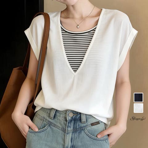 shoppinggo（ショッピングゴー） | 夏服 半袖Tシャツ コーデ レディース ボーダー切り替え 丸首 リボン ボウタイ  カットソー トップス 