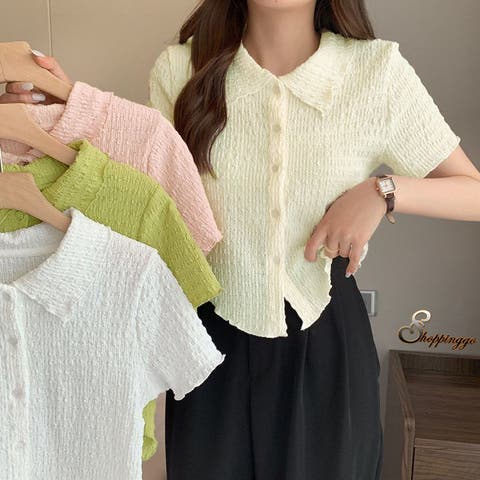shoppinggo（ショッピングゴー） | 襟付き半袖 Tシャツ tブラウス ポロシャツ クロップド丈 レディース 半袖 トップスカットソー 春夏  デイリー 襟付きリブ
