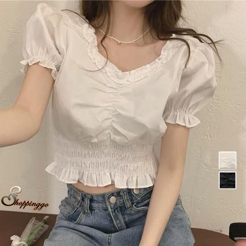 shoppinggo（ショッピングゴー） | 夏服 新作 フリルブラウス 半袖 Vネック ショート丈 トップス オルチャン 学生 デート ホワイト 白 レディース 韓国ファッション