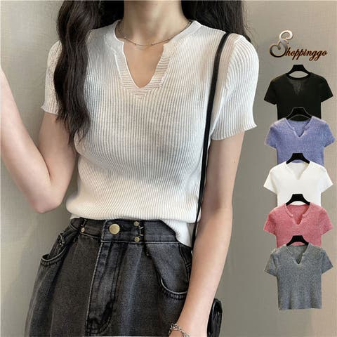 shoppinggo（ショッピングゴー） | サマーニット へそ出し トップス Vネック クロップド丈 Tシャツ レディース きれいめ ショート丈トップス ニットソー