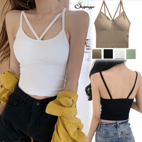 shoppinggo（ショッピングゴー） | 夏服　カップ付きキャミソール キャミタンクトップ セクシー 胸元　無地 ブラ 白 黒 パット付 へそ出し インナー 結婚式 見せブラトップ ブラカバー　ブラトップ 背中見せブラ 韓国ファッション
