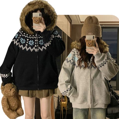 17kg(イチナナキログラム) | ゆるカワコーデ☆フェアアイル柄プリントフード付き裏起毛スウェット