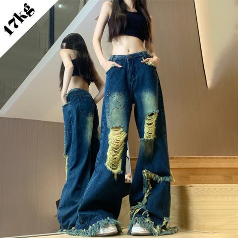 17kg（イチナナキログラム） | 【SHOPLIST限定】アメリカンストリートファッションスターリベット リップド フリンジ ジーンズデニムパンツ