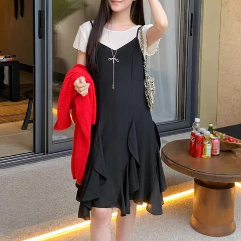 17kg（イチナナキログラム） | シンプルかつエレガントな【春】不規則レイヤード キャミソールワンピースロングワンピース