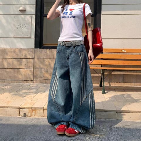 17kg(イチナナキログラム) | ミレニアル学園風 ゆるカワコーデ☆ウォッシュ加工 デコンストラクション 3ラインストライプ柄デニムパンツ