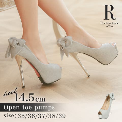 Tika（ティカ） | ラメ×バックリボンオープントゥパンプス ハイヒールパンプス 10cm以上14cm以上 14.5cmヒール 22.5cm 23cm 23.5cm 24cm 24.5cm 25cm 大きいサイズ シルバー Recherecher ルシェルシェ