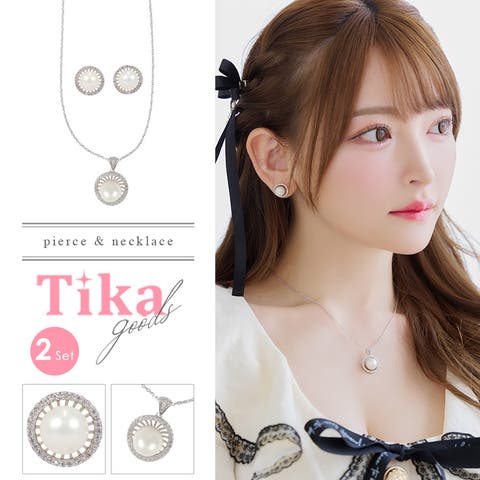 Tika（ティカ） | シルバービジューフレームポイントパールピアス＆ネックレス 韓国アクセサリー アクセサリーセット キャバアクセサリー キャバドレス キャバ ドレス シルバー 黒崎みさ Tika ティカ