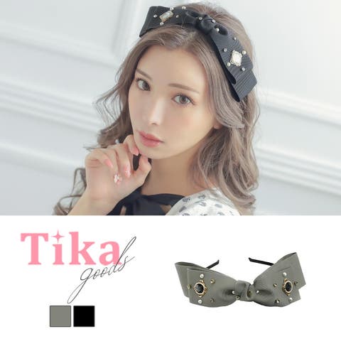 Tika（ティカ） | ポイントビジューパーツビッグリボンカチューシャ 韓国アクセサリー ガーリーカチューシャ キャバドレス小物 キャバアクセサリー ブラック グレー Tika ティカ
