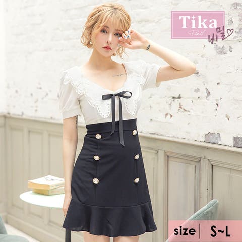 Tika（ティカ） | 襟付きバイカラーガーリー韓国ワンピース リボン キャバドレス キャバ ドレス フェイクボタン レース S-Lサイズ ブラック ホワイト モノトーン 戦慄かなの Tika ティカ