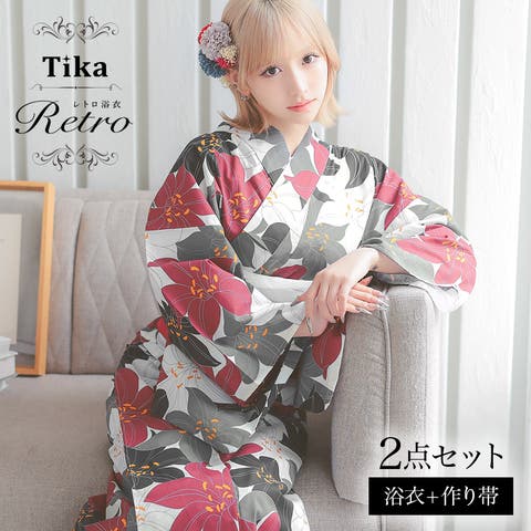 Tika（ティカ） | Tika 百合柄モダン大人浴衣2点セット 浴衣 作り帯 レディース浴衣 セクシー浴衣 大柄 レトロモダン フリーサイズ ホワイト×レッド マルチカラー 重川茉弥