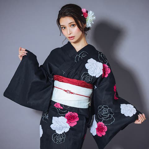 モノトーンよろけ縞×椿柄浴衣3点セット 浴衣セット レディース