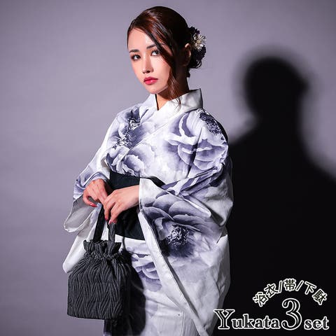Tika（ティカ） | グラデーション大輪白牡丹柄モノトーン浴衣3点セット 平帯 下駄 レディース浴衣 浴衣セット 粋浴衣 セクシー浴衣 レトロ浴衣 モノトーン ホワイト EGASARI Tika ティカ