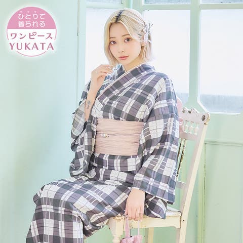 ホワイトポピー柄ワンピース浴衣3点セット 二部式浴衣 キャミ