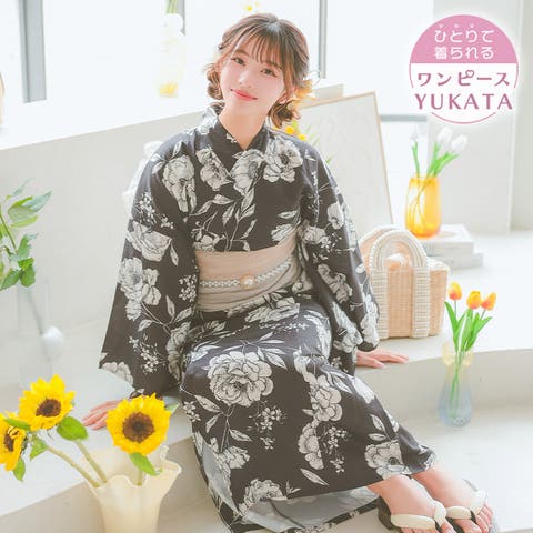 Tika（ティカ） | モノトーンヴィンテージフラワーワンピース浴衣3点セット 羽織 ワンピース 兵児帯 浴衣セット レディース浴衣 セパレート セットアップ レトロ浴衣 ガーリー浴衣 ブラック 上ノ堀結愛 Tika ティカ