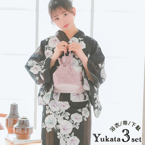 Tika（ティカ） | ストライプ×朝顔柄浴衣3点セット 作り帯 下駄 レディース浴衣 浴衣セット ガーリー浴衣 レトロ浴衣 モダン シック ブラック モノトーン 上ノ堀結愛 Tika ティカ