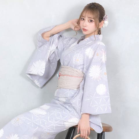 水彩タッチ大輪百合柄浴衣3点セット 平帯 下駄[品番