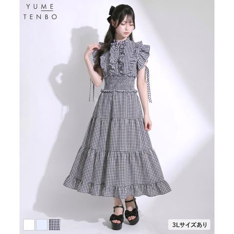 夢展望（ユメテンボウ） | プチハイネックシアーチェックティアードロングワンピース【大きいサイズあり】 ワンピース レディース ロングワンピース ティアード シアーチェック プチハイネック フレア 大きいサイズ 体型カバー 春 夏 yumetenbo 夢展望
