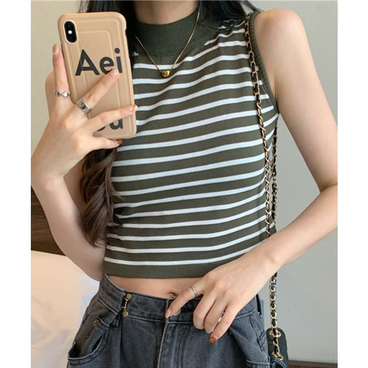 ボーダーハイネックノースリーブTシャツ[品番：ANCW0009687