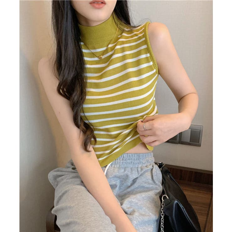 ボーダーハイネックノースリーブTシャツ[品番：ANCW0009687