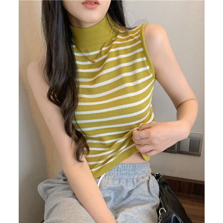 ボーダーハイネックノースリーブTシャツ[品番：ANCW0009687