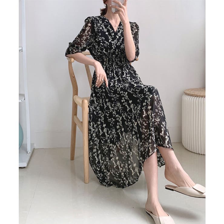 フラワー ワンピースドレス ロング 長袖 Vネック サマーワンピ XS-Lサイズあり【SETTAN/セッタン】フラワーレース/ ベル