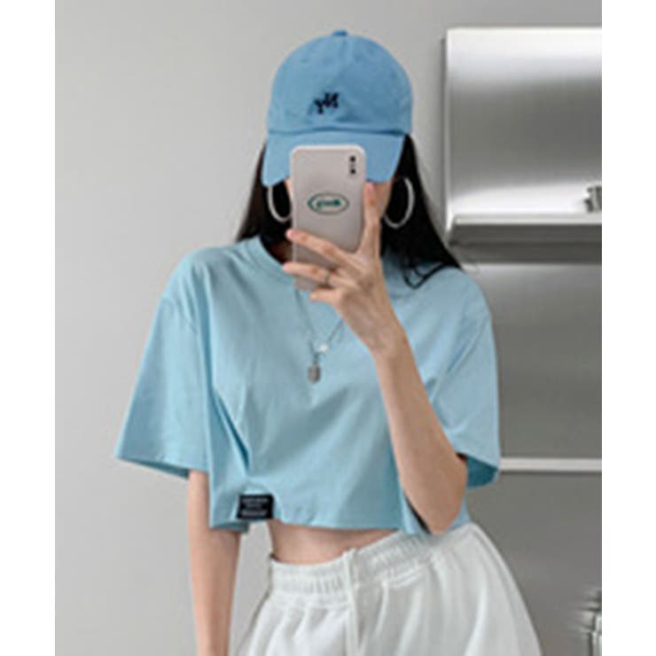サックスブルー | ロゴネーム付きギャザークロップドTシャツ | SHEPP