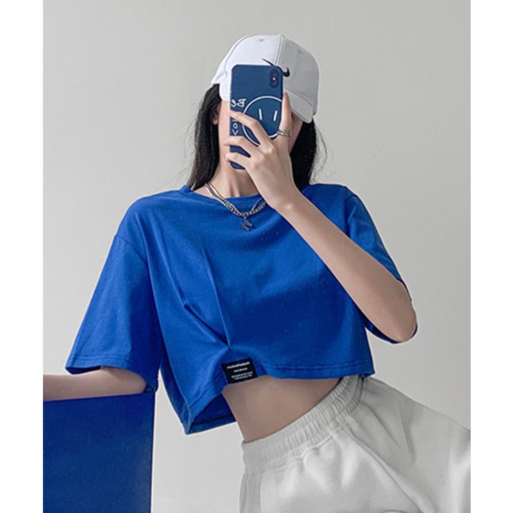 ブルー | ロゴネーム付きギャザークロップドTシャツ | SHEPP