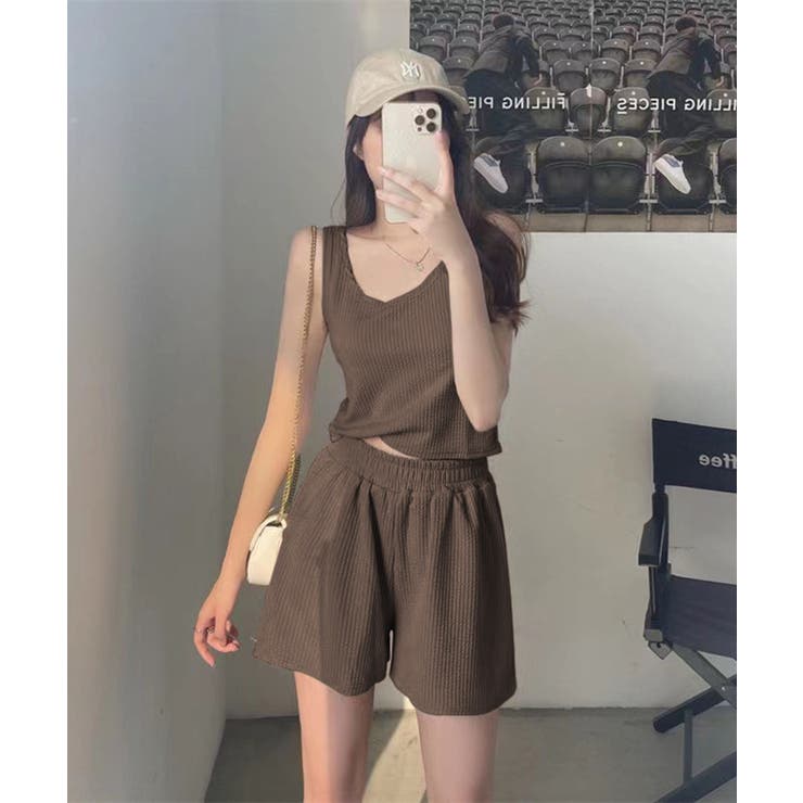 2点セット】ワッフルショートタンクトップ ショートパンツ