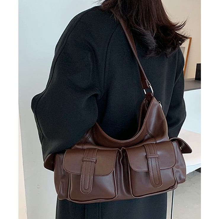 大容量4ポケットフラップフェイクレザーショルダーバッグ[品番