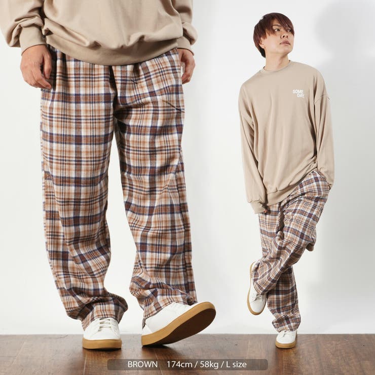 Ballsey チェック柄 ワイドパンツ ベージュ系 BACK NUMBERブロックチェック柄ワイドパンツベージュL｜Yahoo