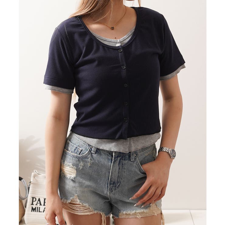 navy | カーディガン レイヤード風 半袖 | ONE 4 PREMIUM